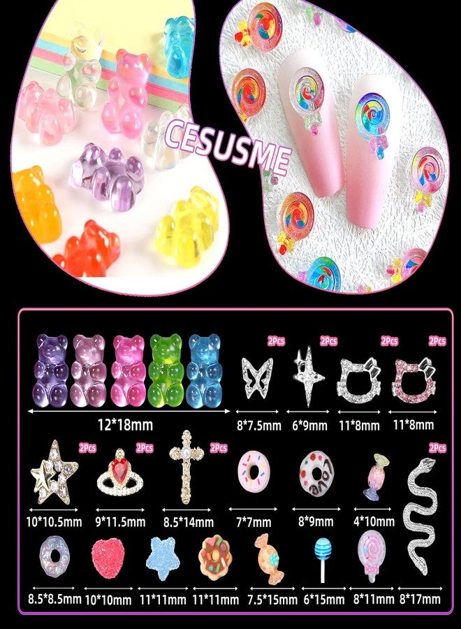 CESUSME 3D Mix Nail Charms Kit, Lollipop Nail Art Charms, Color Cute Gummy Bear Donut Star Heart Acrylic Nail Charm, Alloy Cross Star Butterfly Snake Crown Nail Gems Rhinestones Charms DIY Crafts Decor - Image 2